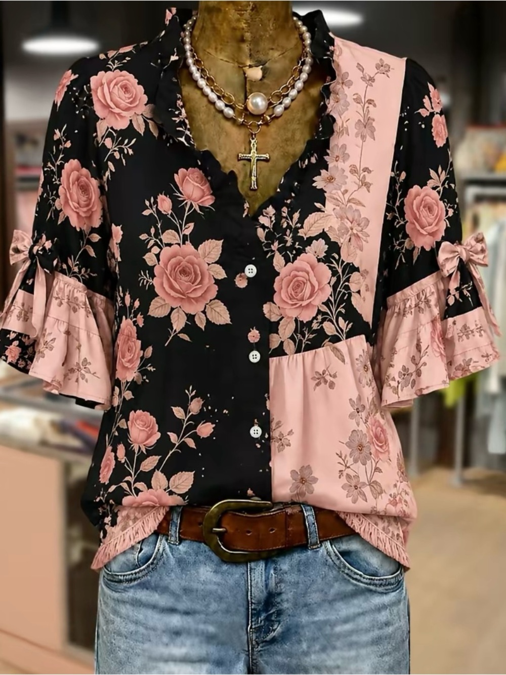 Cherrybetty  Floral Print Ruffle Neck Bow Decor Half Sleeve Blouse Small Shirt